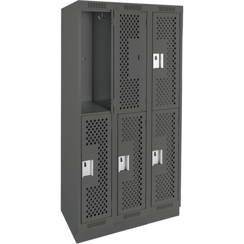 Clean Line Lockers, 2 -tier, Bank of 3, 36" x 12" x 76", Steel, Charcoal, Rivet (Assembled), Perforated Dufferin Supply