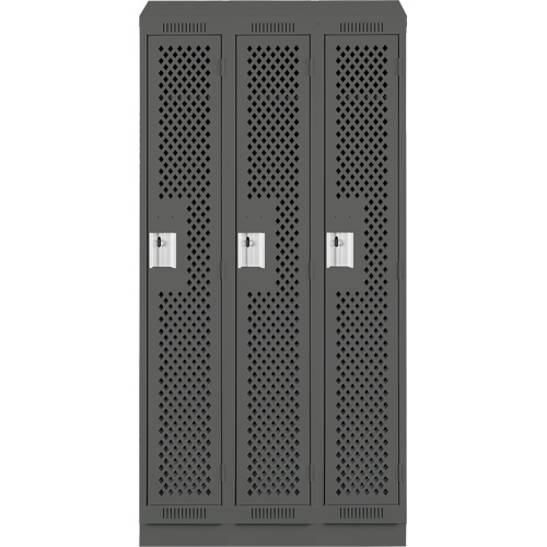 Clean Line Lockers, Bank of 3, 36" x 18" x 82", Steel, Charcoal, Rivet (Assembled), Perforated Dufferin Supply