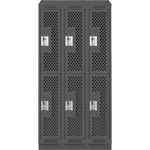 Clean Line Lockers, 2 -tier, Bank of 3, 36" x 12" x 82", Steel, Charcoal, Rivet (Assembled), Perforated Dufferin Supply
