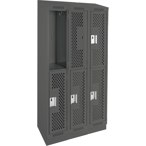 Clean Line Lockers, 2 -tier, Bank of 3, 36" x 12" x 82", Steel, Charcoal, Rivet (Assembled), Perforated Dufferin Supply