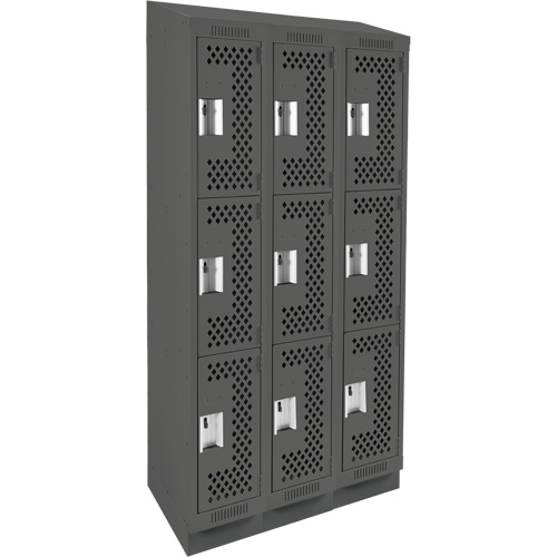Clean Line Lockers, 3 -tier, Bank of 3, 36" x 18" x 82", Steel, Charcoal, Rivet (Assembled), Perforated Dufferin Supply