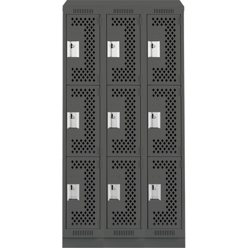 Clean Line Lockers, 3 -tier, Bank of 3, 36" x 18" x 82", Steel, Charcoal, Rivet (Assembled), Perforated Dufferin Supply