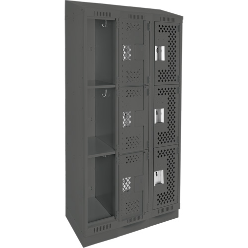 Clean Line Lockers, 3 -tier, Bank of 3, 36" x 18" x 82", Steel, Charcoal, Rivet (Assembled), Perforated Dufferin Supply