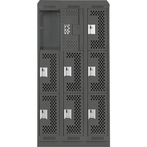 Clean Line Lockers, 3 -tier, Bank of 3, 36" x 18" x 82", Steel, Charcoal, Rivet (Assembled), Perforated Dufferin Supply