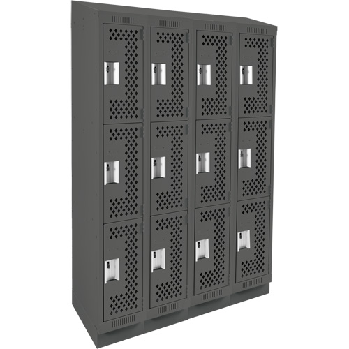 Clean Line Lockers, 3 -tier, Bank of 4, 48" x 18" x 82", Steel, Charcoal, Rivet (Assembled), Perforated Dufferin Supply