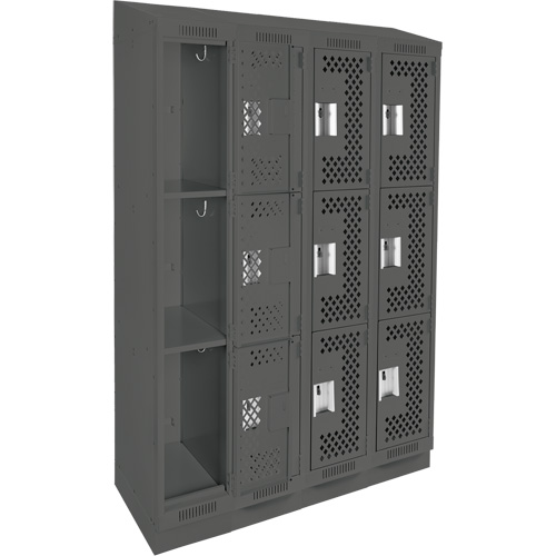 Clean Line Lockers, 3 -tier, Bank of 4, 48" x 18" x 82", Steel, Charcoal, Rivet (Assembled), Perforated Dufferin Supply