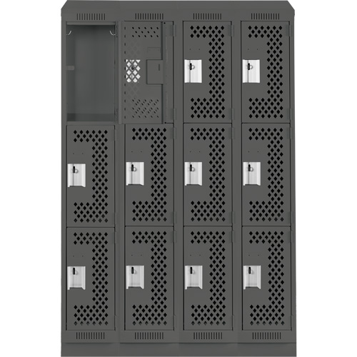 Clean Line Lockers, 3 -tier, Bank of 4, 48" x 18" x 82", Steel, Charcoal, Rivet (Assembled), Perforated Dufferin Supply
