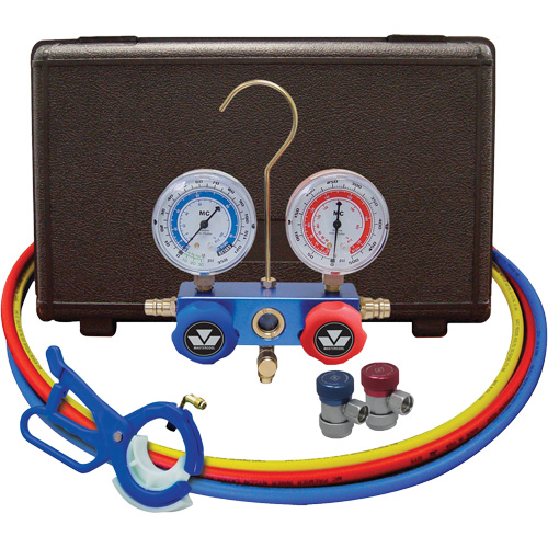 Automotive Manifold Gauge Set with Manual Couplers & 3-in-1 Side Mount Can Tap Valve Dufferin Supply