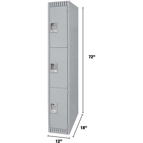 Lockers, 3 -tier, 12" x 18" x 72", Steel, Grey, Knocked Down Dufferin Supply
