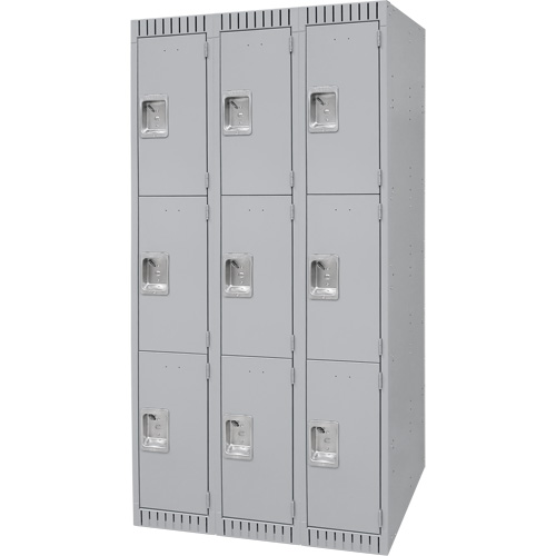 Lockers, 3 -tier, Bank of 3, 36" x 18" x 72", Steel, Grey, Knocked Down Dufferin Supply
