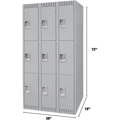 Lockers, 3 -tier, Bank of 3, 36" x 18" x 72", Steel, Grey, Knocked Down Dufferin Supply