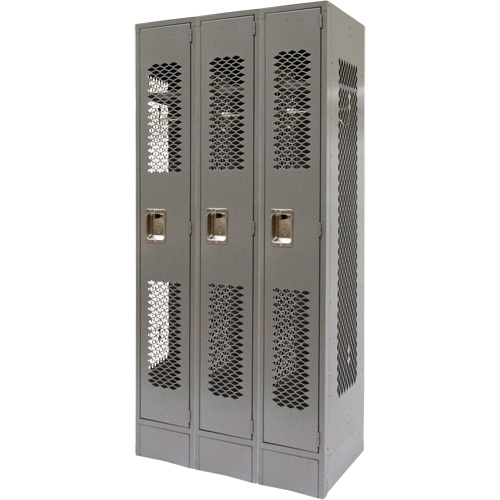 Vented Lockers, Bank of 3, 36 x 18" x 78", Steel, Grey, Knocked Down, Perforated Dufferin Supply