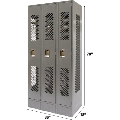Vented Lockers, Bank of 3, 36 x 18" x 78", Steel, Grey, Knocked Down, Perforated Dufferin Supply
