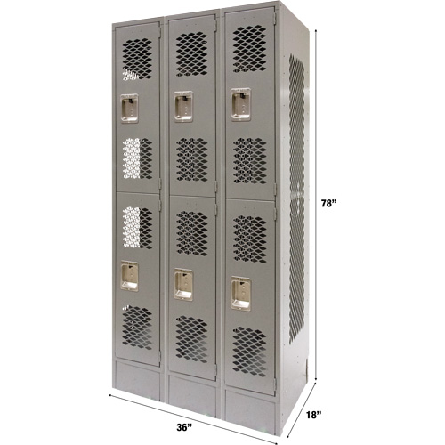 Vented Lockers, 2 -tier, Bank of 3, 36 x 18" x 78", Steel, Grey, Knocked Down, Perforated Dufferin Supply