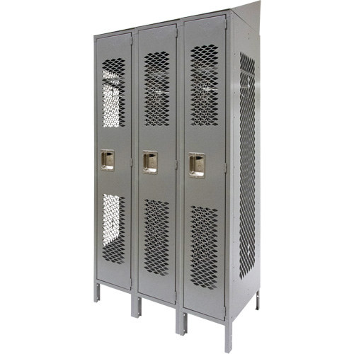 Vented Lockers, Bank of 3, 36" x 18" x 88", Steel, Grey, Knocked Down, Perforated Dufferin Supply