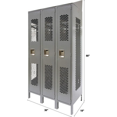 Vented Lockers, Bank of 3, 36" x 18" x 88", Steel, Grey, Knocked Down, Perforated Dufferin Supply