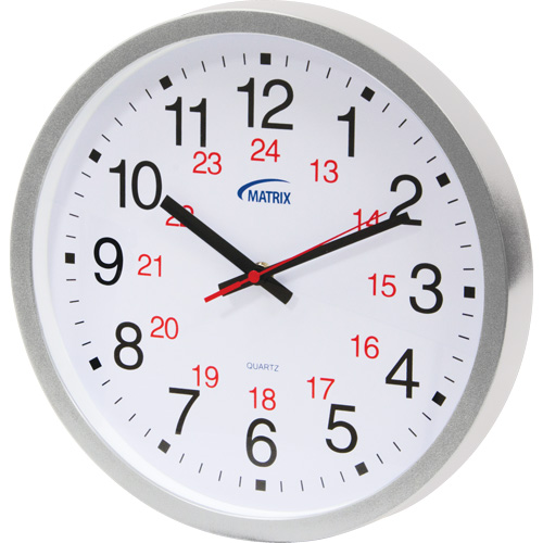 12/24 H Clock, Analog, Battery Operated, 12", Silver Dufferin Supply
