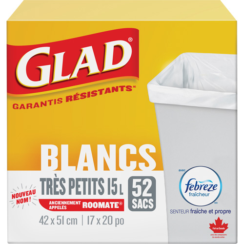 Tr&egrave;s petits sacs &agrave; ordures 15 L avec Febreze, R&eacute;gulier, 17" la x 20" lo, Blanc Dufferin Supply