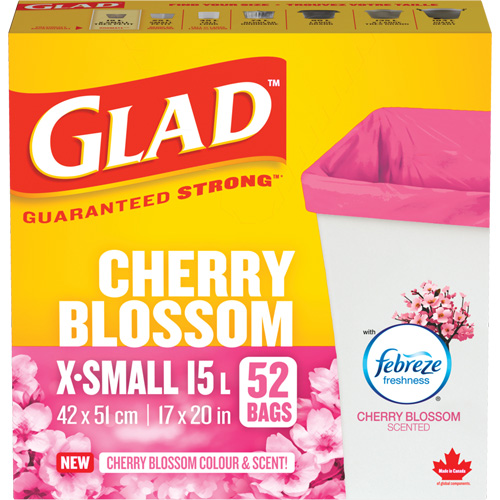 Glad&reg; Cherry Blossom Coloured & Scented Bags, Strong, 17" W x 20" L, Pink, 15 L (3.96 Gal.) Capacity Dufferin Supply