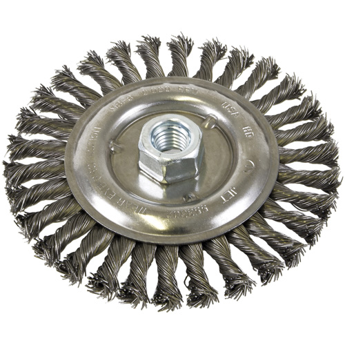 Brosse filet&eacute;e &agrave; fils nou&eacute;es et face standard, Dia. 6", Fils 0,022", Arbre 5/8"-11, Acier Dufferin Supply