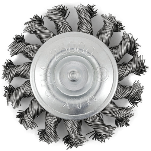 Shaft Mounted Knot Twisted Radial Brush, 3" Dia., 0.02" Fill, 1/4" Arbor, Stainless Steel Dufferin Supply