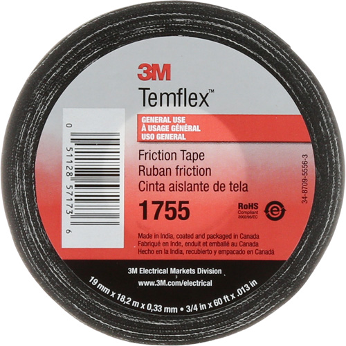 Ruban de chatterton Temflex 1755, 19 mm (3/4") x 18,28 m (60'), Noir Dufferin Supply