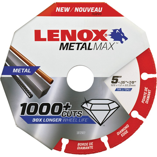 Meule de tronçonnage des m&eacute;taux MetalMax, 5" x 0,05", Arbre de 7/8", Type 1, Losange, 12 200 Tr/min Dufferin Supply