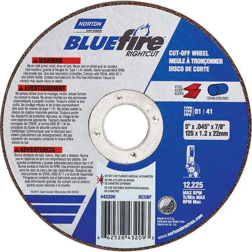 Meule a tronconner BlueFire, 4-1/2" x 0,045"/1/16", Arbre de 7/8", Type 01/41, Oxyde d'aluminium/Zirconium, 13580 Tr/min Dufferin Supply