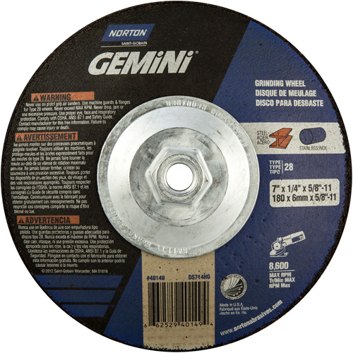 Meule soucoupes Gemini, 7" x 1/4", Arbre 5/8"-11, Oxyde d'aluminium, Type 28 Dufferin Supply