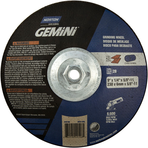 Meule soucoupes Gemini, 9" x 1/4", Arbre 5/8"-11, Oxyde d'aluminium, Type 28 Dufferin Supply