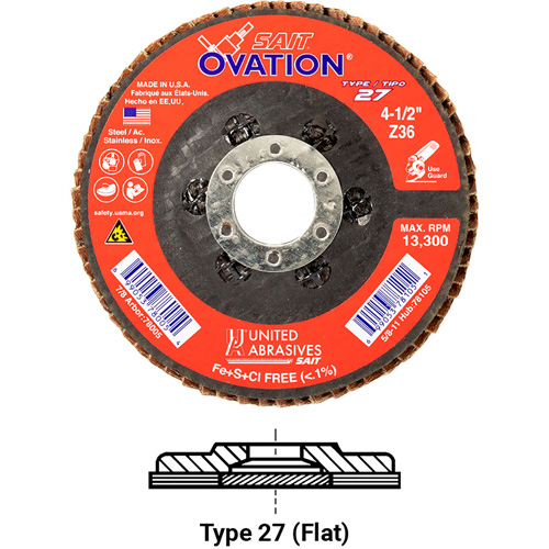 Ovation Flap Disc, 5" x 7/8", Type 27, 36 Grit, Zirconium Dufferin Supply