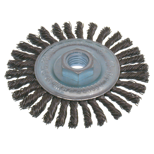 Brosses &eacute;conomiques &agrave; fil nou&eacute;s &agrave; haute vitesse pour cordons de soudure, Dia. 6", Fils 0,02", Arbre 5/8"-11, Acier inoxydable Dufferin Supply