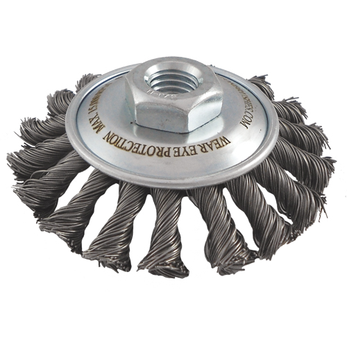 Knotted Wire Wheel Saucer Brushes, 5" Dia., 0.02" Fill, 5/8"-11 Arbor, Steel Dufferin Supply