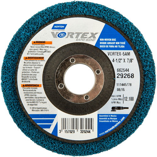 Vortex Non-Woven Disc, 4-1/2" Dia. x 1/2" W, 7/8" Arbor, Aluminum Oxide Dufferin Supply