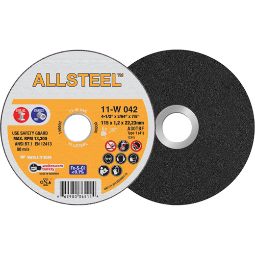 Meule &agrave; tronçonner AllSteel, 4-1/2" x 3/64", Arbre de 7/8", Type 1, Oxyde d'aluminium, 13 300 Tr/min Dufferin Supply