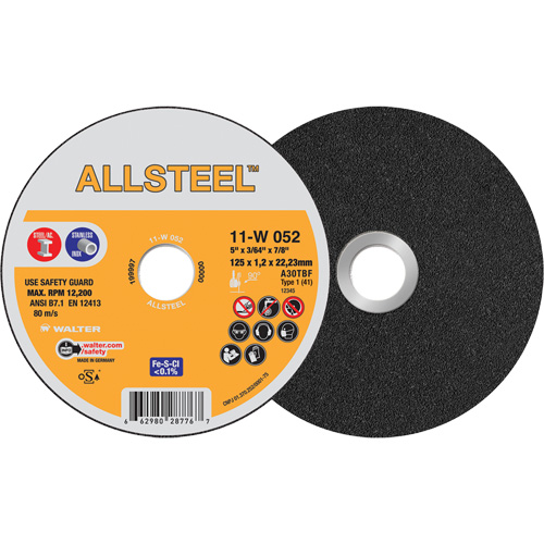 ALLSTEEL Cut-Off Wheel, 5" x 3/64", 7/8" Arbor, Type 1, Aluminum Oxide, 12250 RPM Dufferin Supply