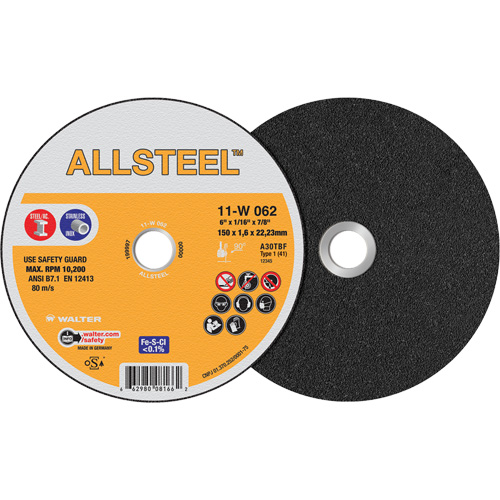 ALLSTEEL Cut-Off Wheel, 6" x 1/16", 7/8" Arbor, Type 1, Aluminum Oxide, 10200 RPM Dufferin Supply