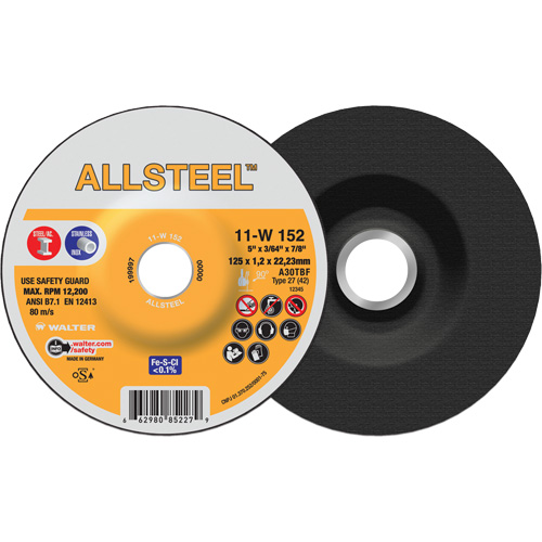 AllSteel Cut-Off Wheel, 5" x 3/64", 7/8" Arbor, Type 27, Aluminum Oxide, 12250 RPM Dufferin Supply