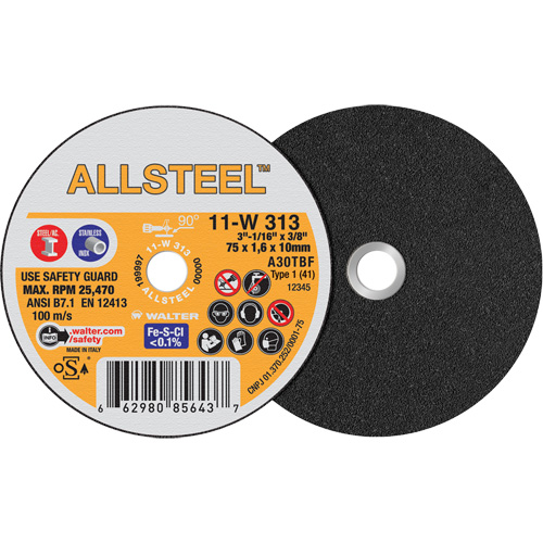 ALLSTEEL Mini Cut-Off Wheel, 3" x 1/16", 3/8" Arbor, Type 1, Aluminum Oxide, 25470 RPM Dufferin Supply