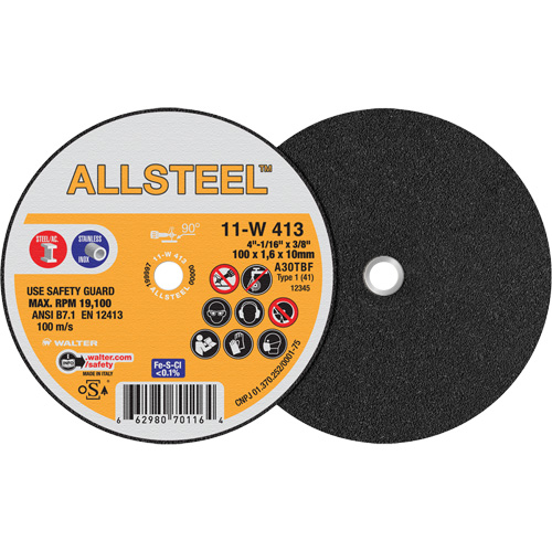 AllSteel Mini Cut-Off Wheel, 4" x 1/16", 3/8" Arbor, Type 1, Aluminum Oxide, 19100 RPM Dufferin Supply