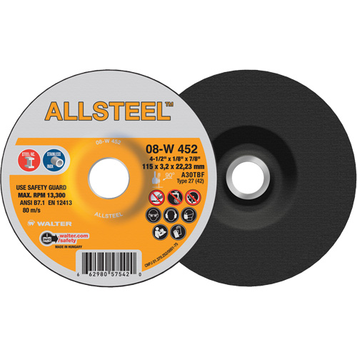 AllSteel Grinding Wheel, 4-1/2" x 1/8", 7/8" Arbor, Aluminum Oxide, Type 27 Dufferin Supply