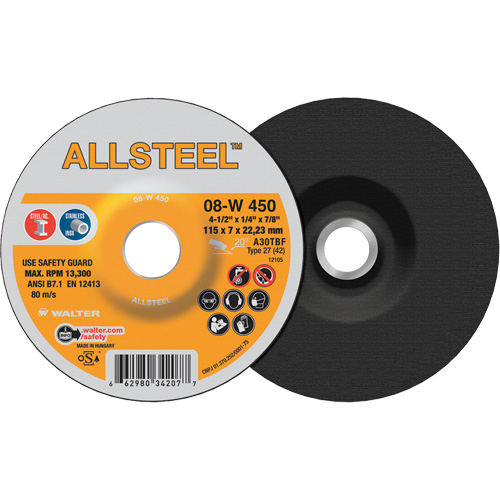 AllSteel Grinding Wheel, 4-1/2" x 1/4", 7/8" Arbor, Aluminum Oxide, Type 27 Dufferin Supply
