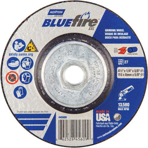 Meule XXL BlueFire, 4-1/2" x 1/4", Arbre 5/8", C&eacute;ramique d'alumine, Type 27 Dufferin Supply