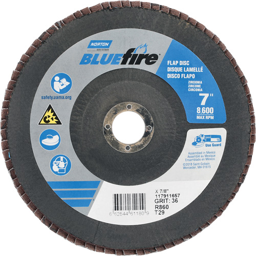 Disque &agrave; lamelle conique centr&eacute; BlueFire R884P/R884V/R860, 7" x 7/8", Type 29, Grain P36, Alumine de zirconium Dufferin Supply