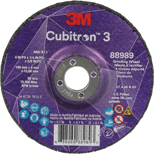 Cubitron 3 Depressed Centre Grinding Wheel, 4" x 1/4", 5/8" Arbor, Ceramic, Type T27 Dufferin Supply