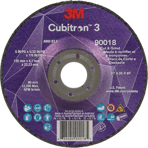 Cubitron 3 Cut & Grind Wheel, 5" x 5/32", 7/8" Arbor, Type T27, 36+ Grit, Ceramic Dufferin Supply