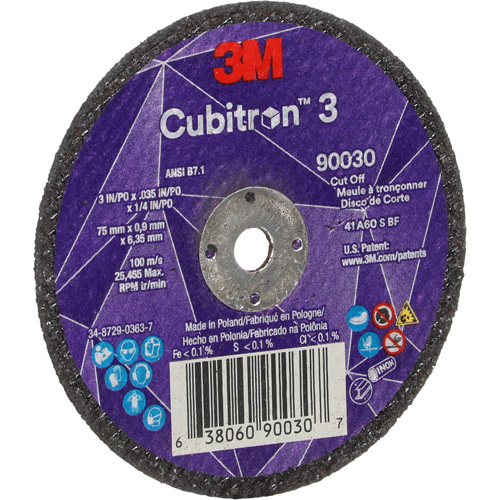 Meule &agrave; tronçonner Cubitron 3, 3" x 0,035", Arbre de 1/4", Type T1, C&eacute;ramique, 21000 Tr/min Dufferin Supply