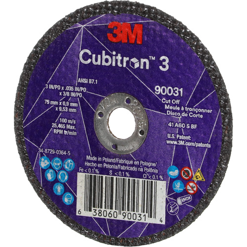 Meule &agrave; tronçonner Cubitron 3, 3" x 0,035", Arbre de 3/8", Type T1, C&eacute;ramique, 21000 Tr/min Dufferin Supply