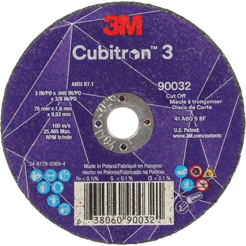 Cubitron 3 Cut-Off Wheel, 3" x 0.045", 3/8" Arbor, Type T1, Ceramic, 21000 RPM Dufferin Supply