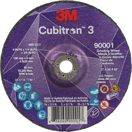 Meule a moyeu d&eacute;port&eacute; Cubitron 3, 4" x 1/4", Arbre 3/8", C&eacute;ramique, Type T27 Dufferin Supply